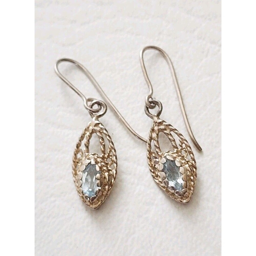 Vintage Sterling Silver Blue Topaz Twist Wire Drop Earrings